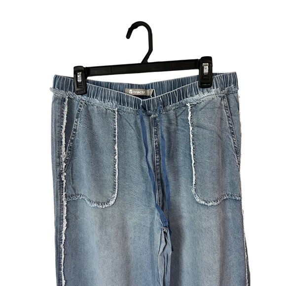 Tractr Womens Indigo-Dyed Wide-Leg Denim Pants With Drawstring Waist & Frayed Po - Picture 2 of 8